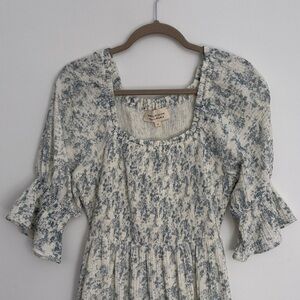 Worth Collective Cream and Blue Floral Smocked Midi Dress